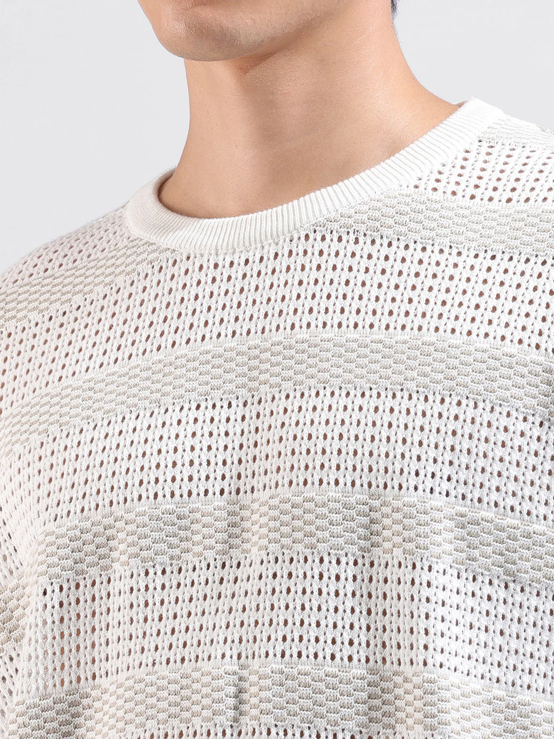 Men's White Oversized Fit Striped Flat Knit Crew Neck T-Shirt - Image 3