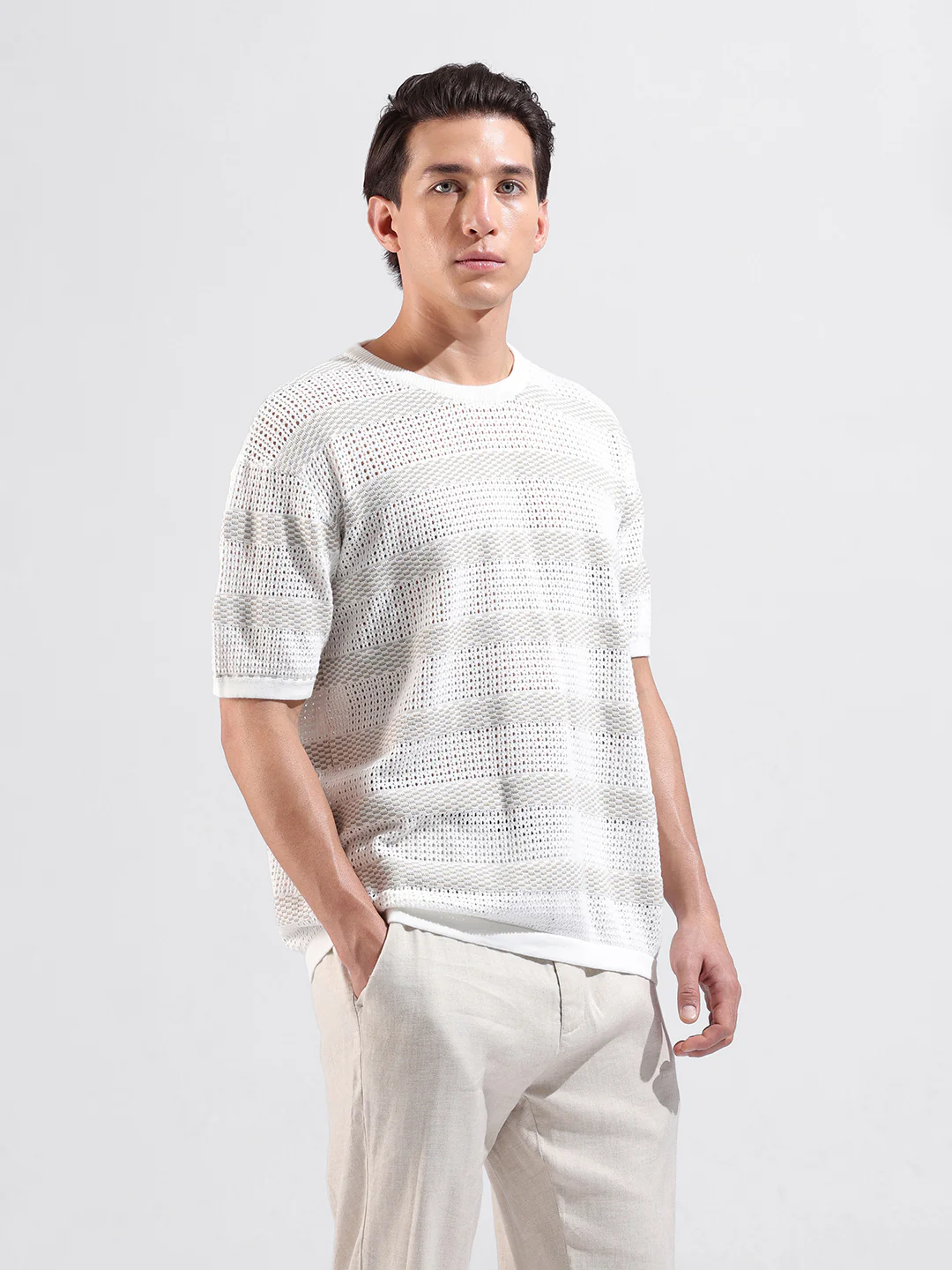 Men's White Oversized Fit Striped Flat Knit Crew Neck T-Shirt - Image 4