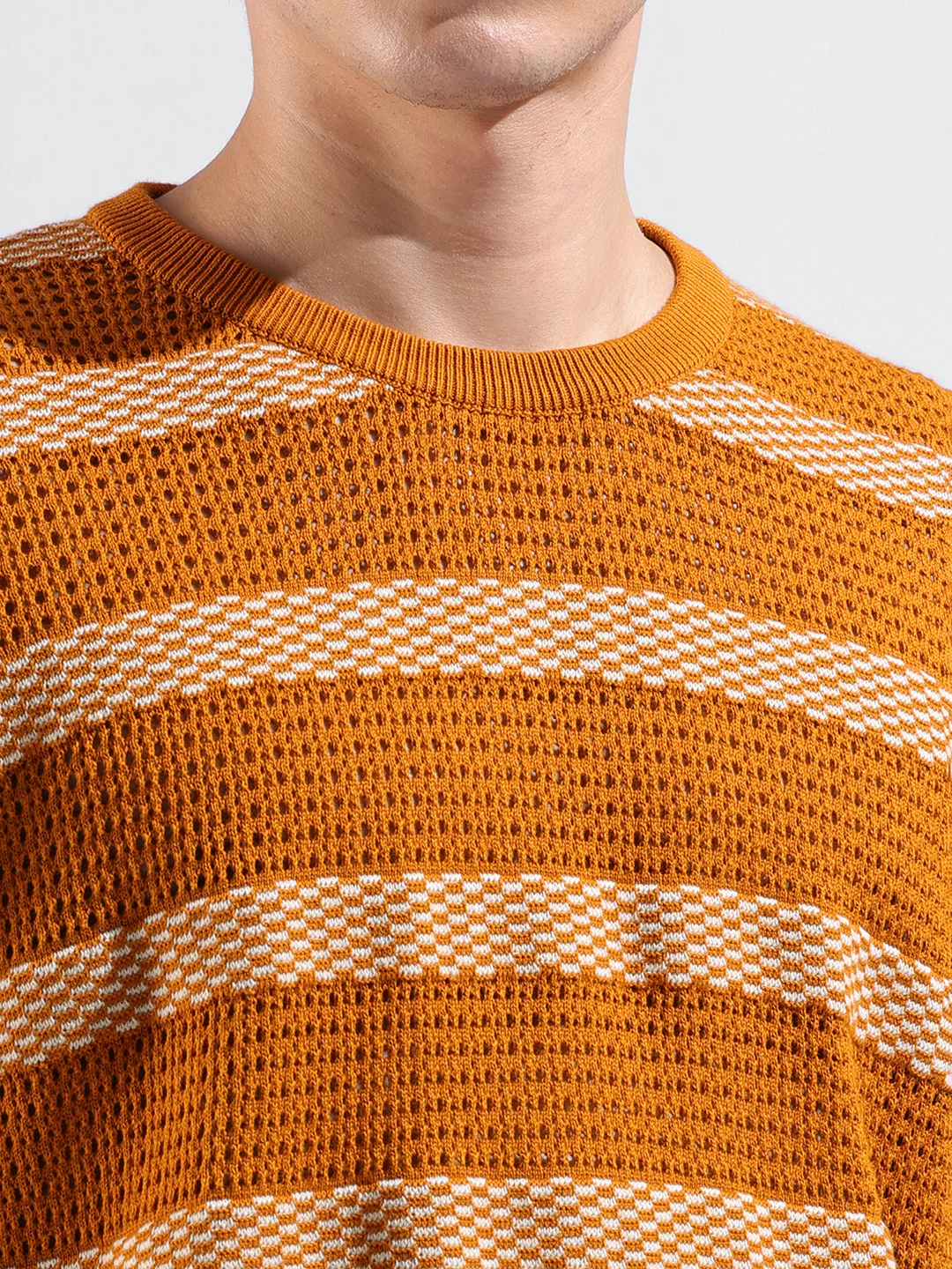 Men's Rust Oversized Fit Striped Flat Knit T-Shirt - Image 3