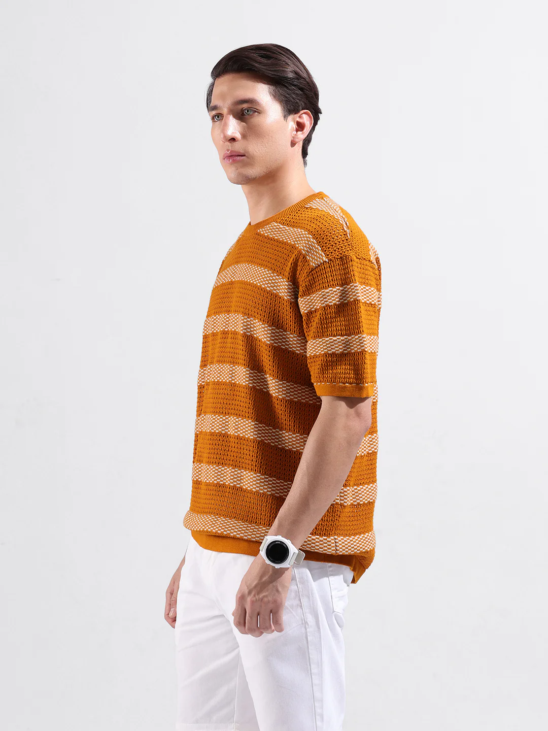 Men's Rust Oversized Fit Striped Flat Knit T-Shirt - Image 4