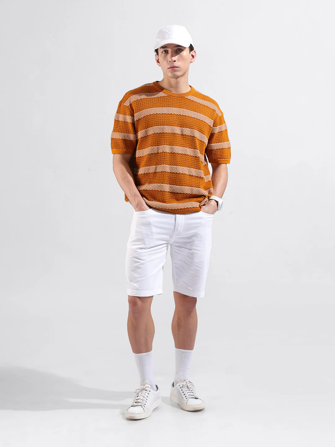 Men's Rust Oversized Fit Striped Flat Knit T-Shirt - Image 5