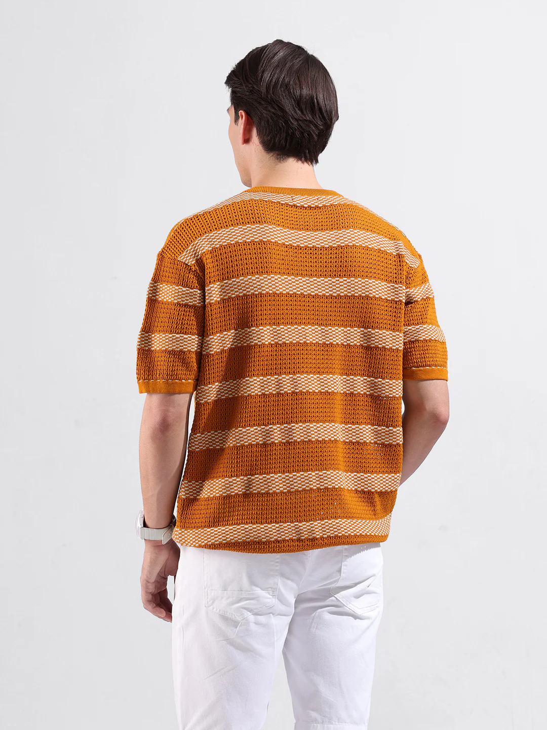 Men's Rust Oversized Fit Striped Flat Knit T-Shirt - Image 6