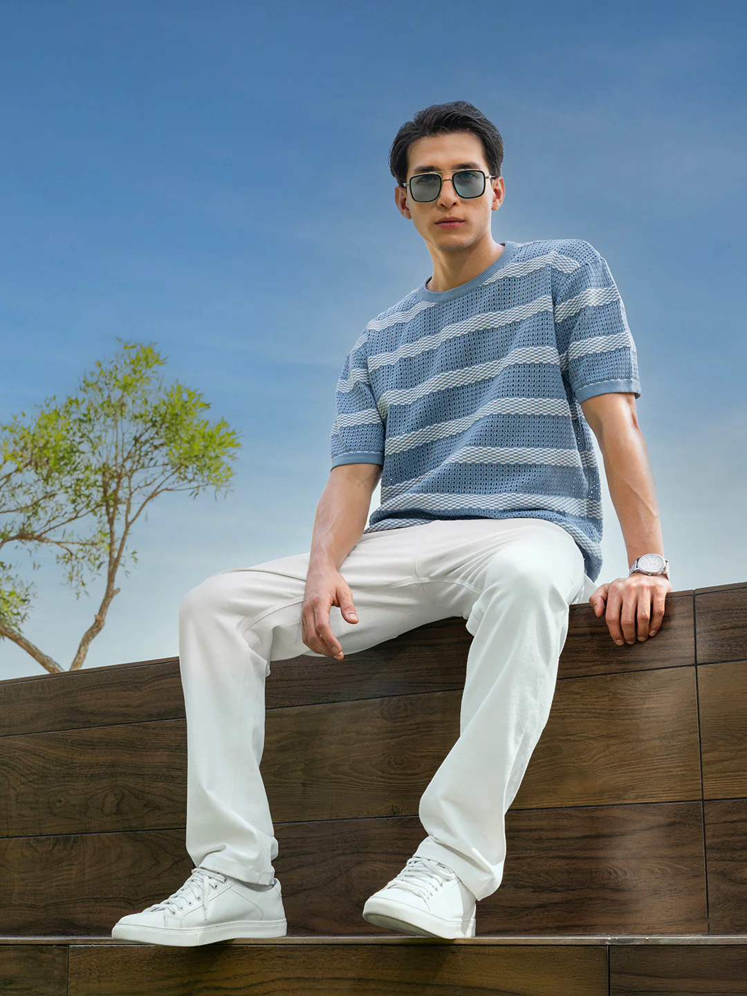 Men's Blue Oversized Fit Striped Flat Knit T-Shirt
