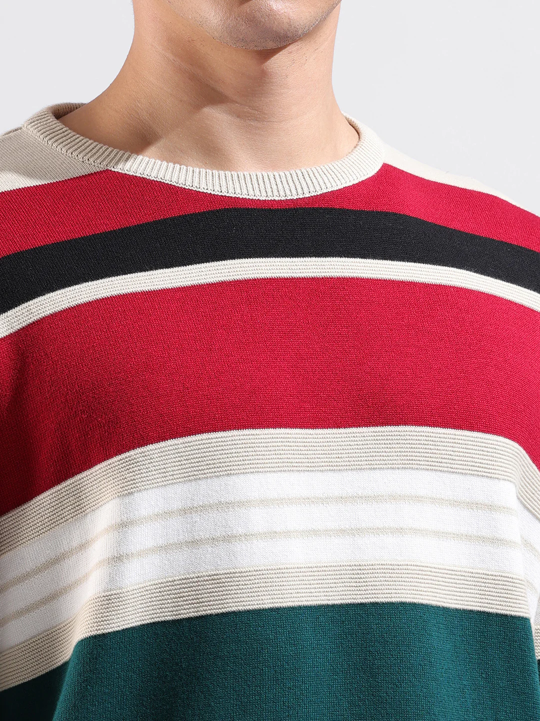 Men's Multicolor Oversized Fit Striped Flat Knit T-Shirt - Image 3