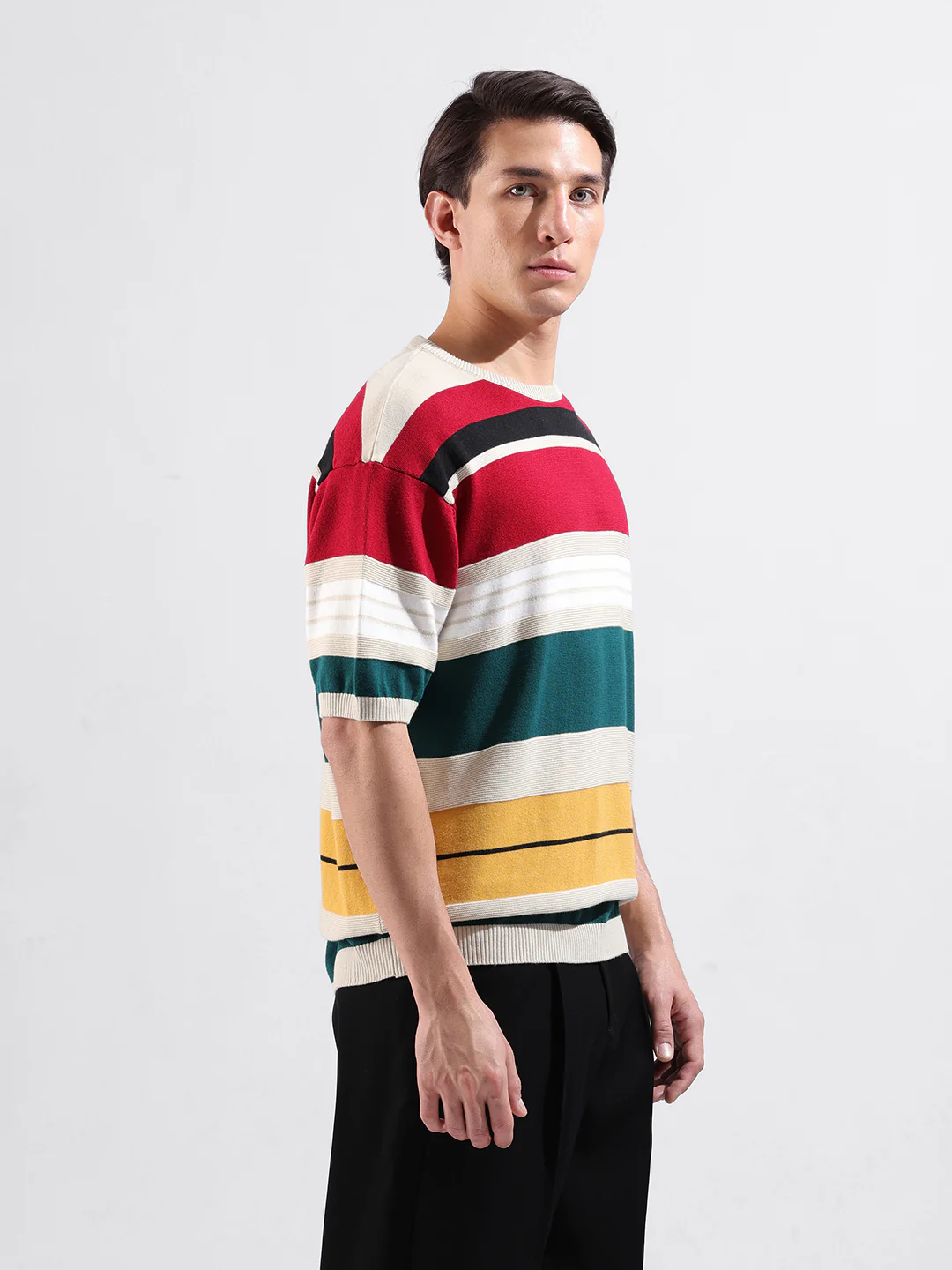 Men's Multicolor Oversized Fit Striped Flat Knit T-Shirt - Image 4