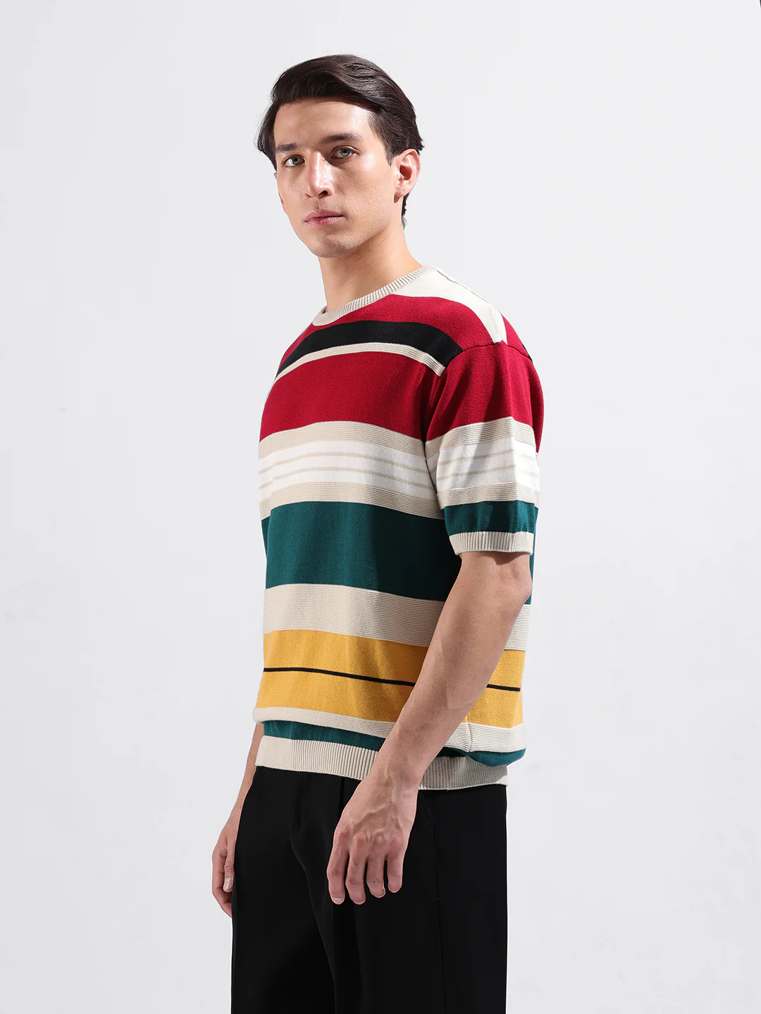Men's Multicolor Oversized Fit Striped Flat Knit T-Shirt - Image 5
