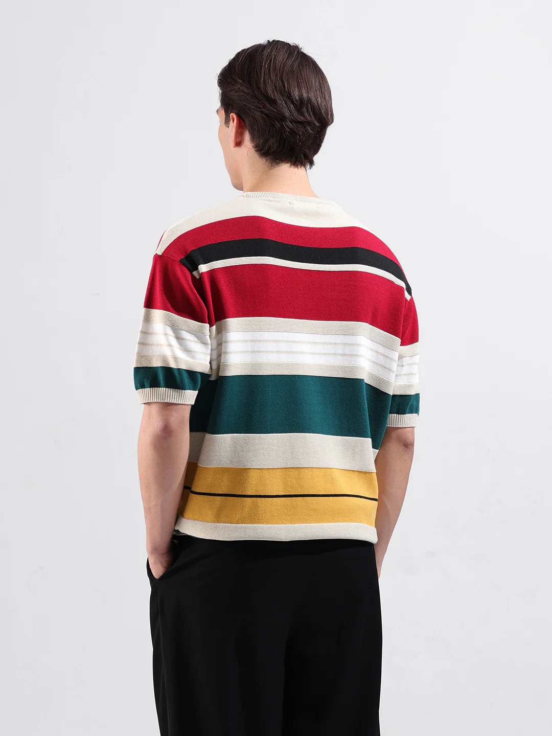 Men's Multicolor Oversized Fit Striped Flat Knit T-Shirt - Image 6