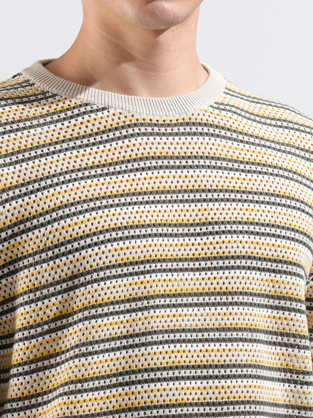Men's Cream Oversized Fit Striped Flat Knit T-Shirt - Image 3