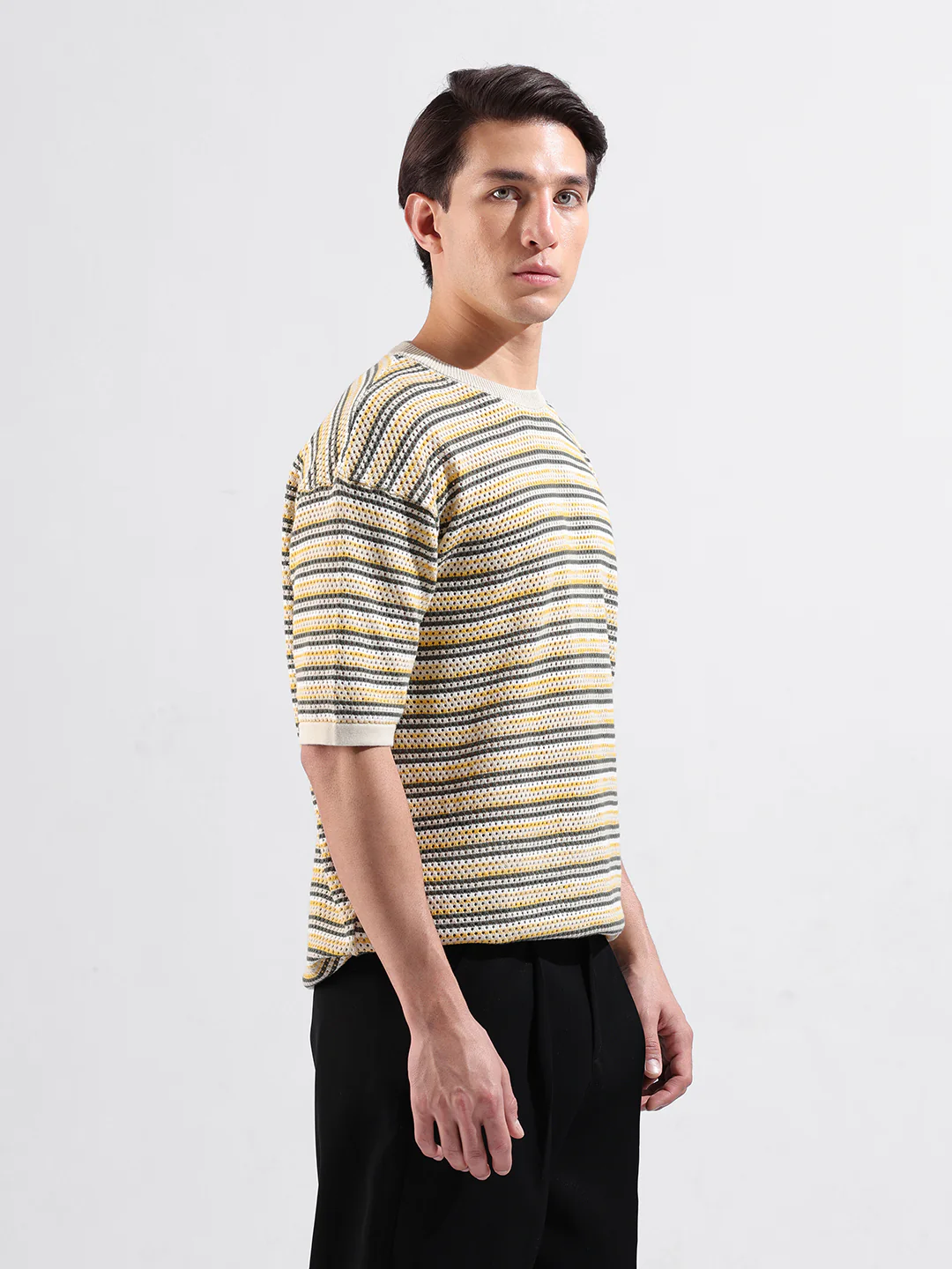 Men's Cream Oversized Fit Striped Flat Knit T-Shirt - Image 4
