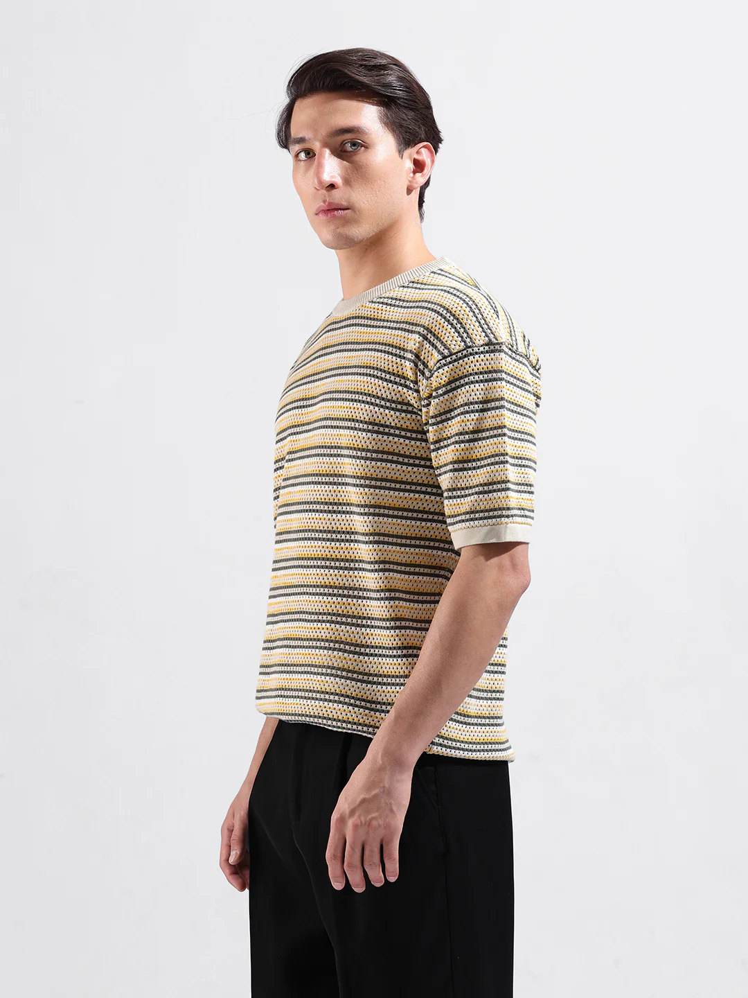 Men's Cream Oversized Fit Striped Flat Knit T-Shirt - Image 5