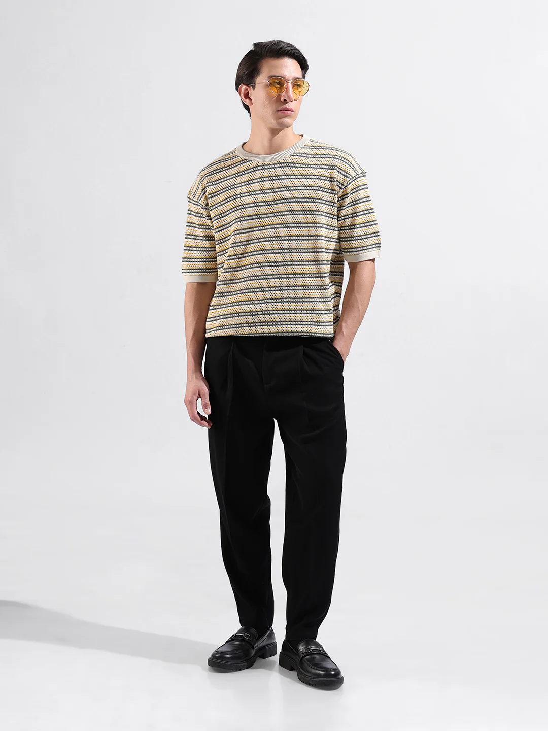 Men's Cream Oversized Fit Striped Flat Knit T-Shirt - Image 6