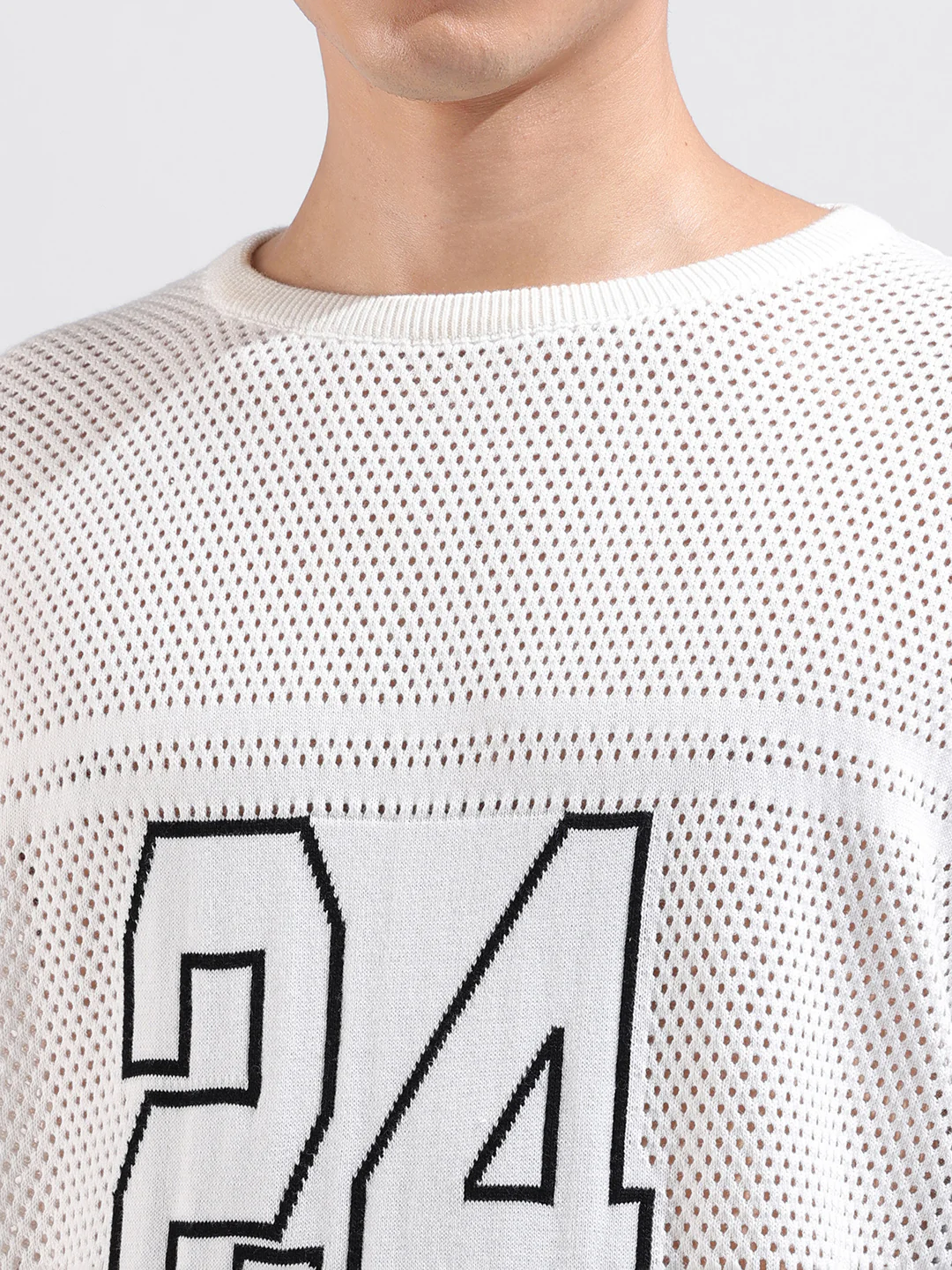 Men's White Oversized Fit Printed Flat Knit Crew Neck T-Shirt - Image 3