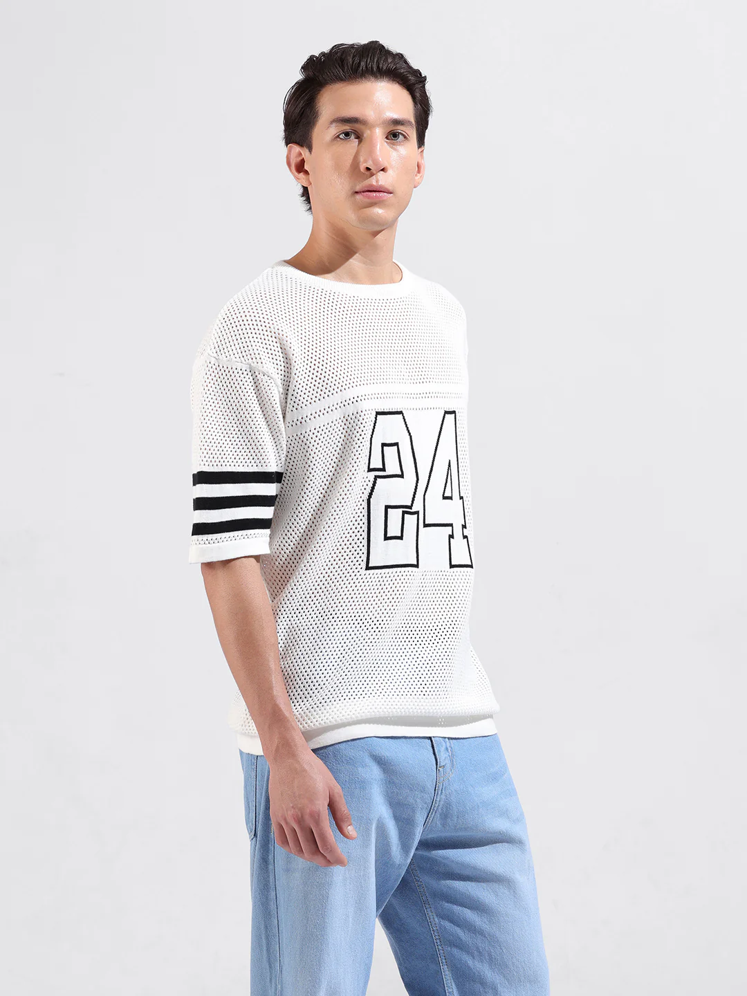 Men's White Oversized Fit Printed Flat Knit Crew Neck T-Shirt - Image 4
