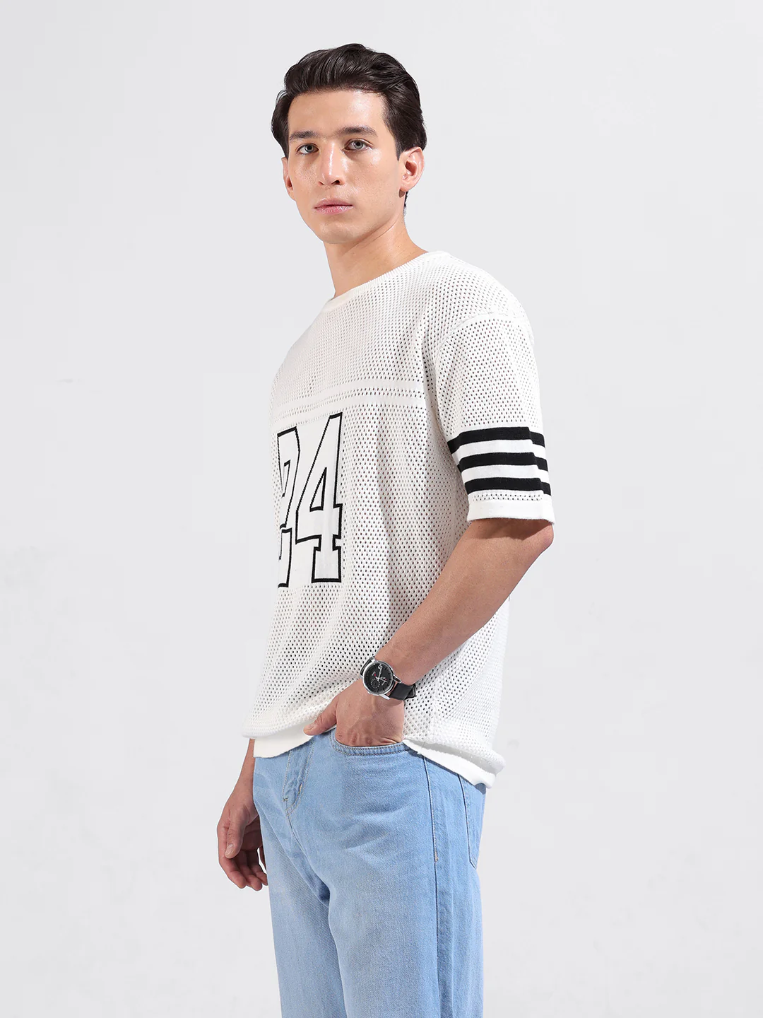 Men's White Oversized Fit Printed Flat Knit Crew Neck T-Shirt - Image 5