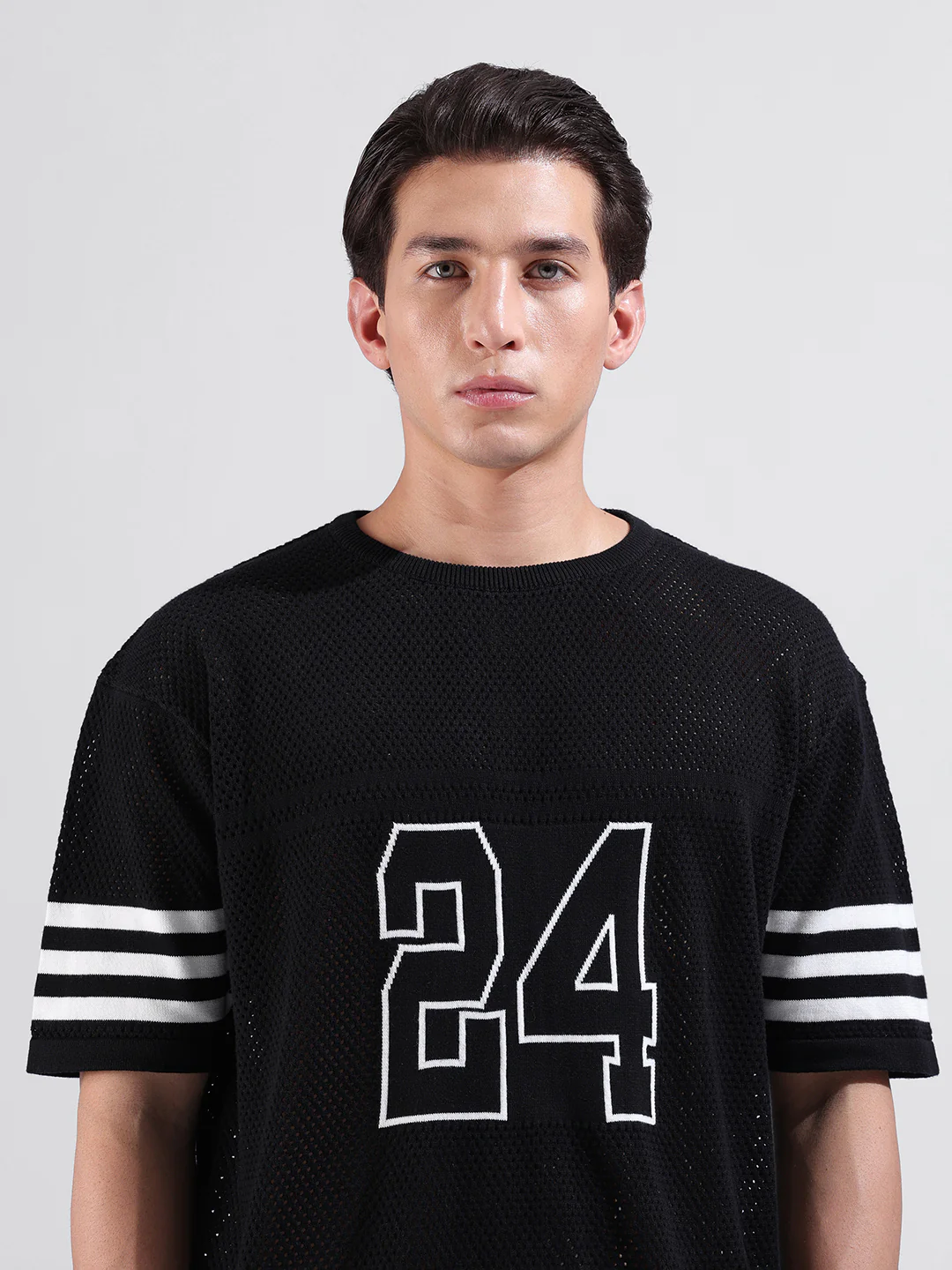 Men's Black Oversized Fit Printed Flat Knit T-Shirt - Image 5