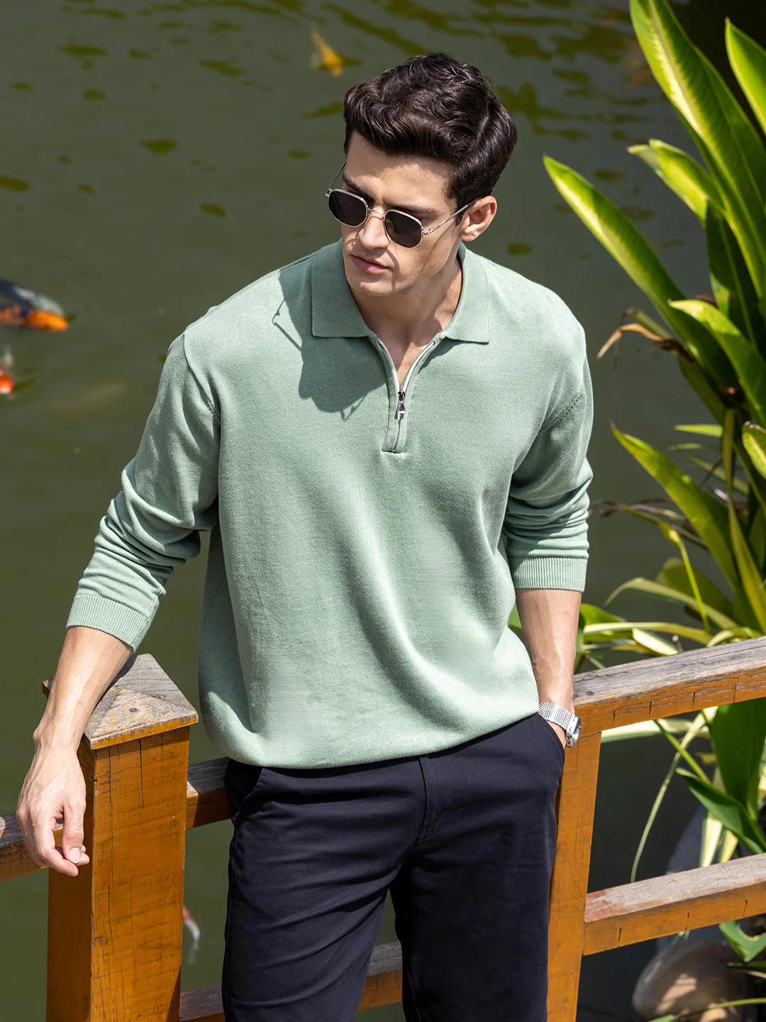 Men's Green Oversized Fit Solid Flat Knit Polo T-Shirt