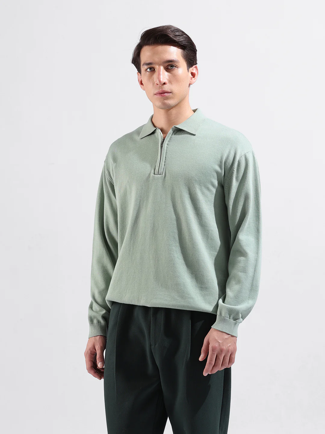 Men's Green Oversized Fit Solid Flat Knit Polo T-Shirt - Image 2