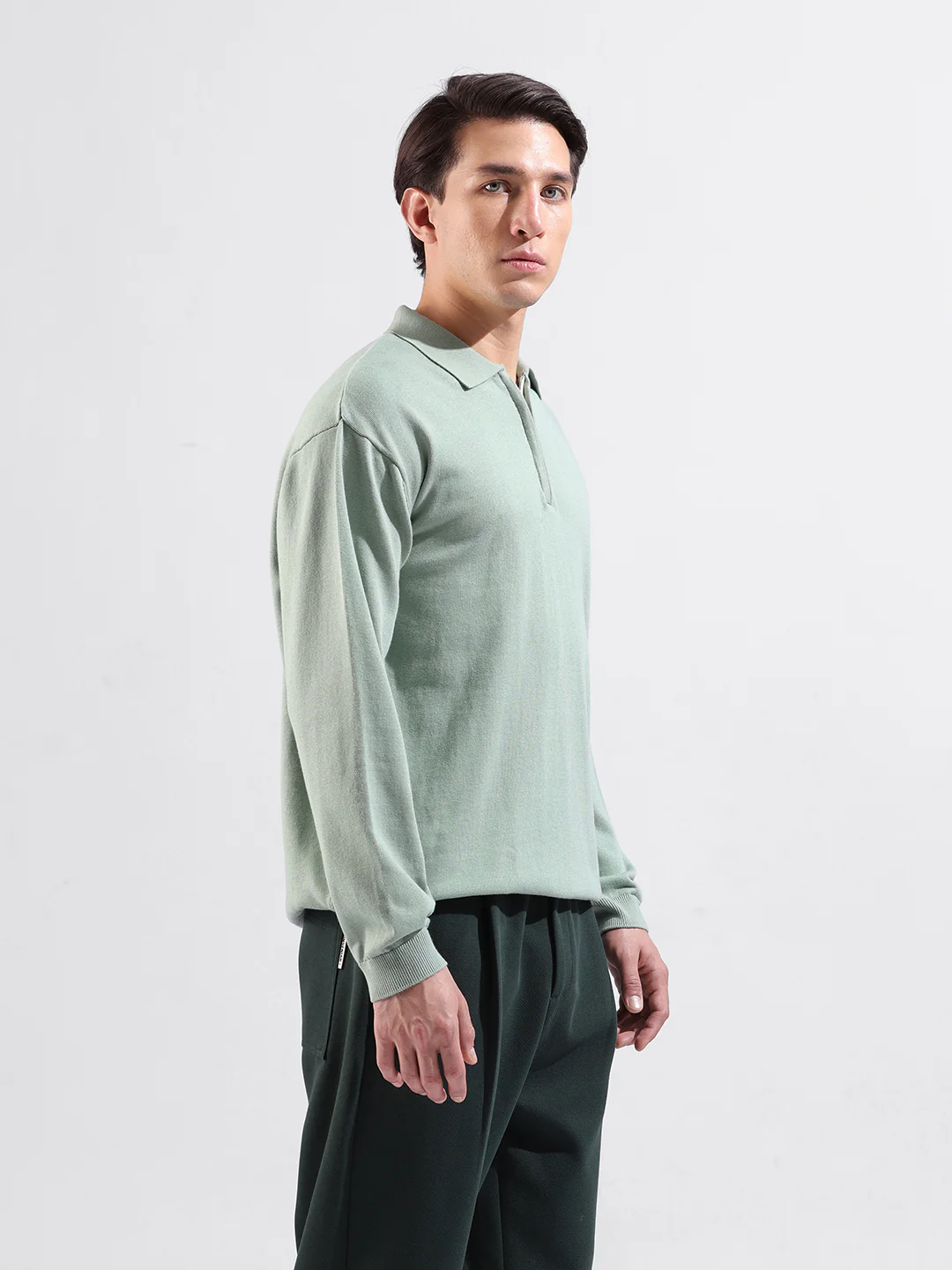 Men's Green Oversized Fit Solid Flat Knit Polo T-Shirt - Image 3