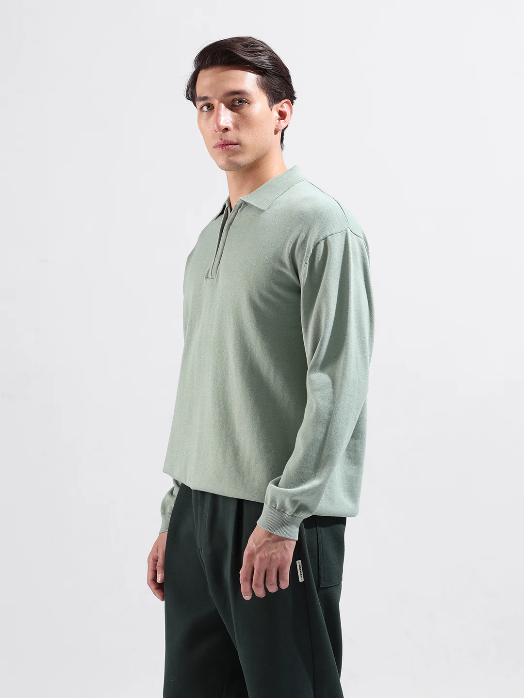Men's Green Oversized Fit Solid Flat Knit Polo T-Shirt - Image 4