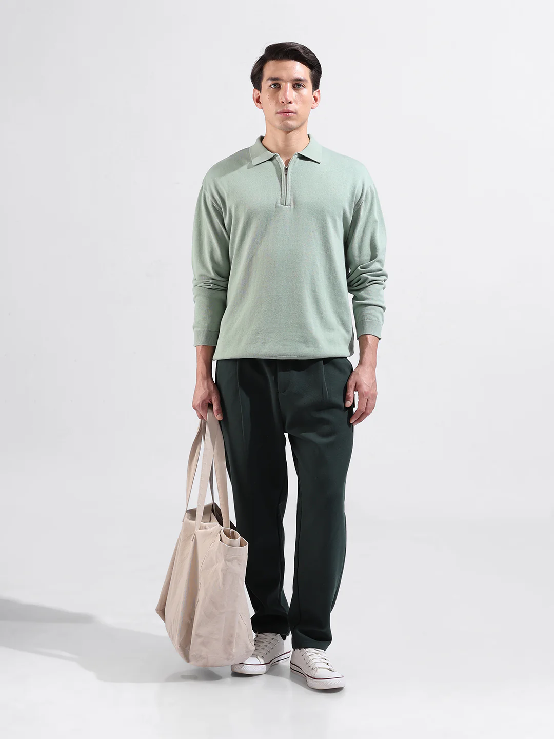 Men's Green Oversized Fit Solid Flat Knit Polo T-Shirt - Image 5