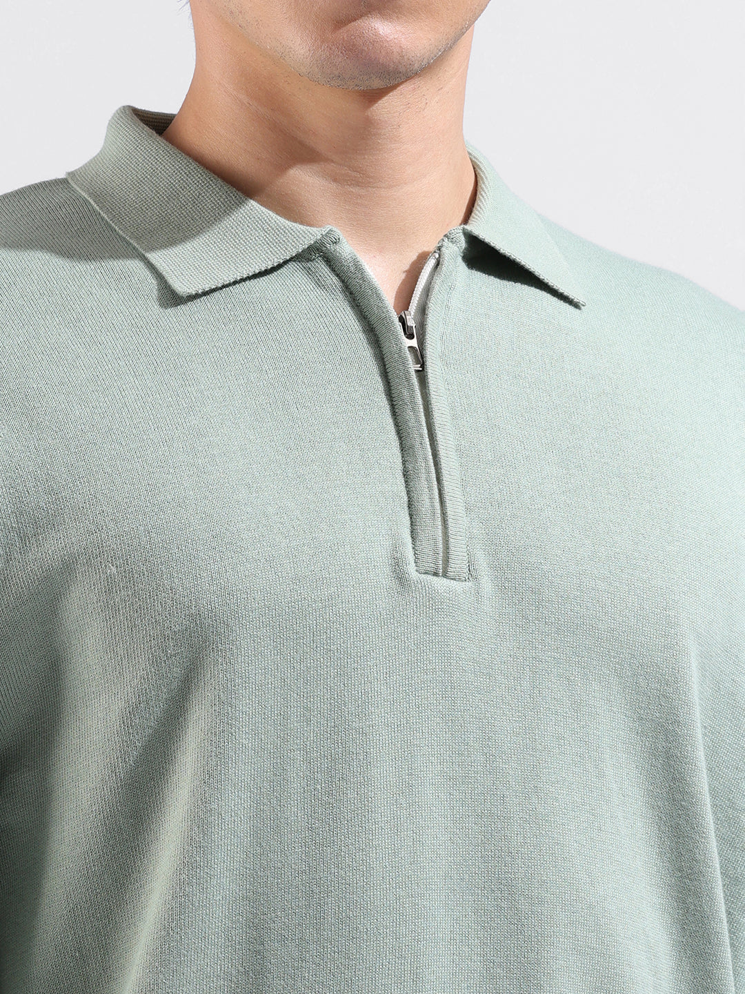 Men's Green Oversized Fit Solid Flat Knit Polo T-Shirt - Image 7