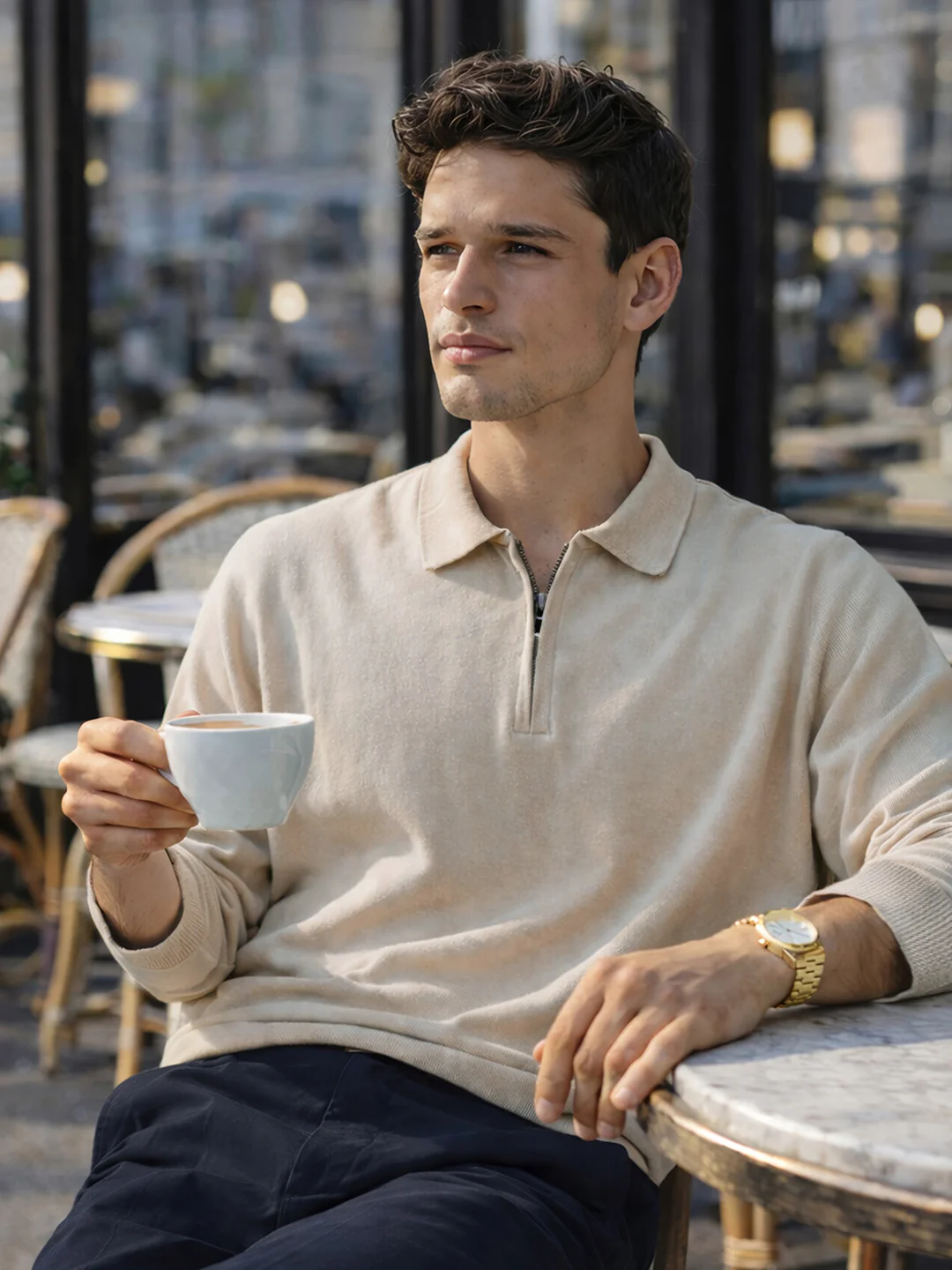 Men's Beige Oversized Fit Solid Flat Knit Polo T-Shirt