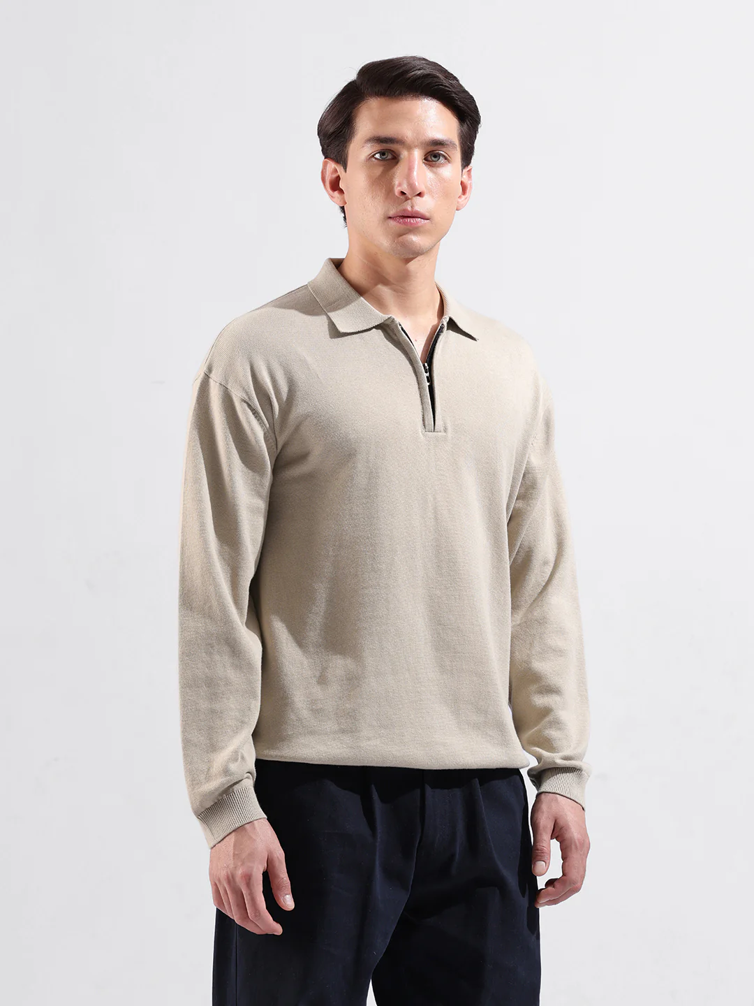 Men's Beige Oversized Fit Solid Flat Knit Polo T-Shirt - Image 2