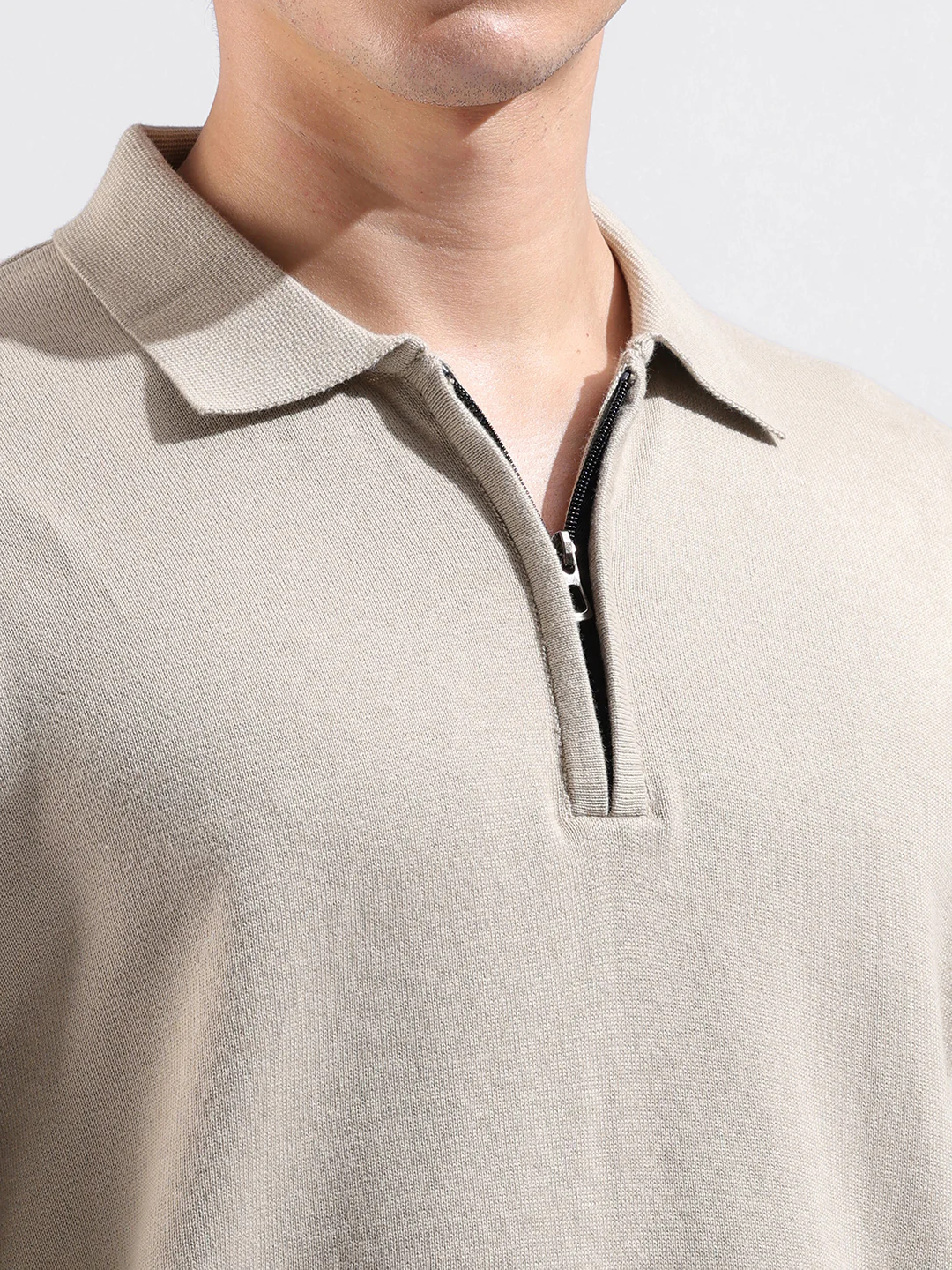 Men's Beige Oversized Fit Solid Flat Knit Polo T-Shirt - Image 6