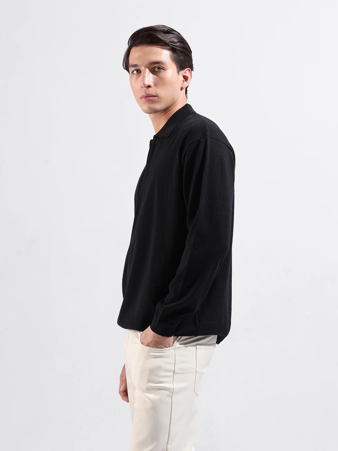 Men's Black Oversized Fit Solid Flat Knit Polo T-Shirt - Image 5