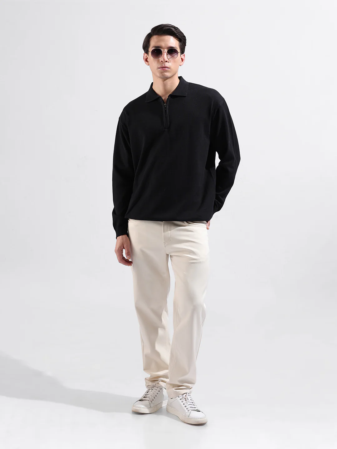 Men's Black Oversized Fit Solid Flat Knit Polo T-Shirt - Image 6