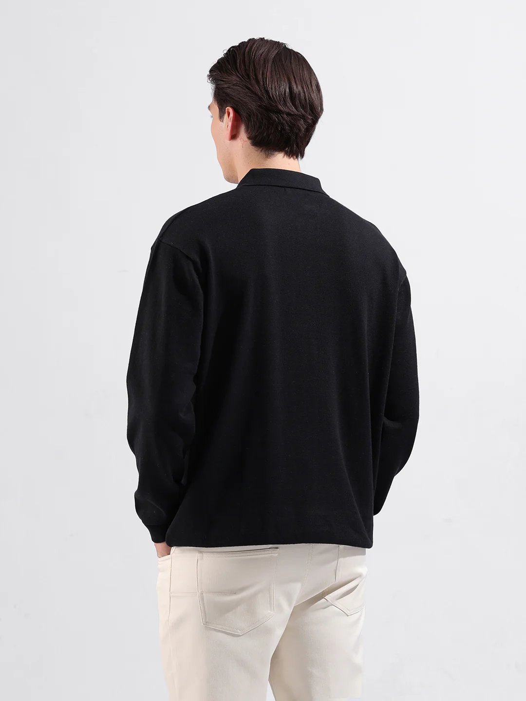 Men's Black Oversized Fit Solid Flat Knit Polo T-Shirt - Image 7