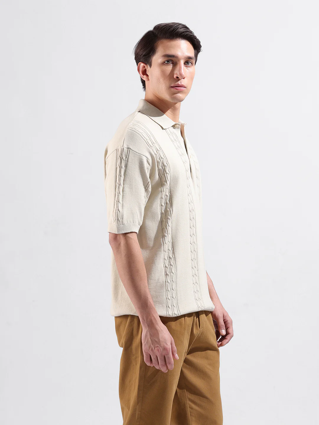 Men's Cream Oversized Fit Solid Flat Knit Polo T-Shirt - Image 3