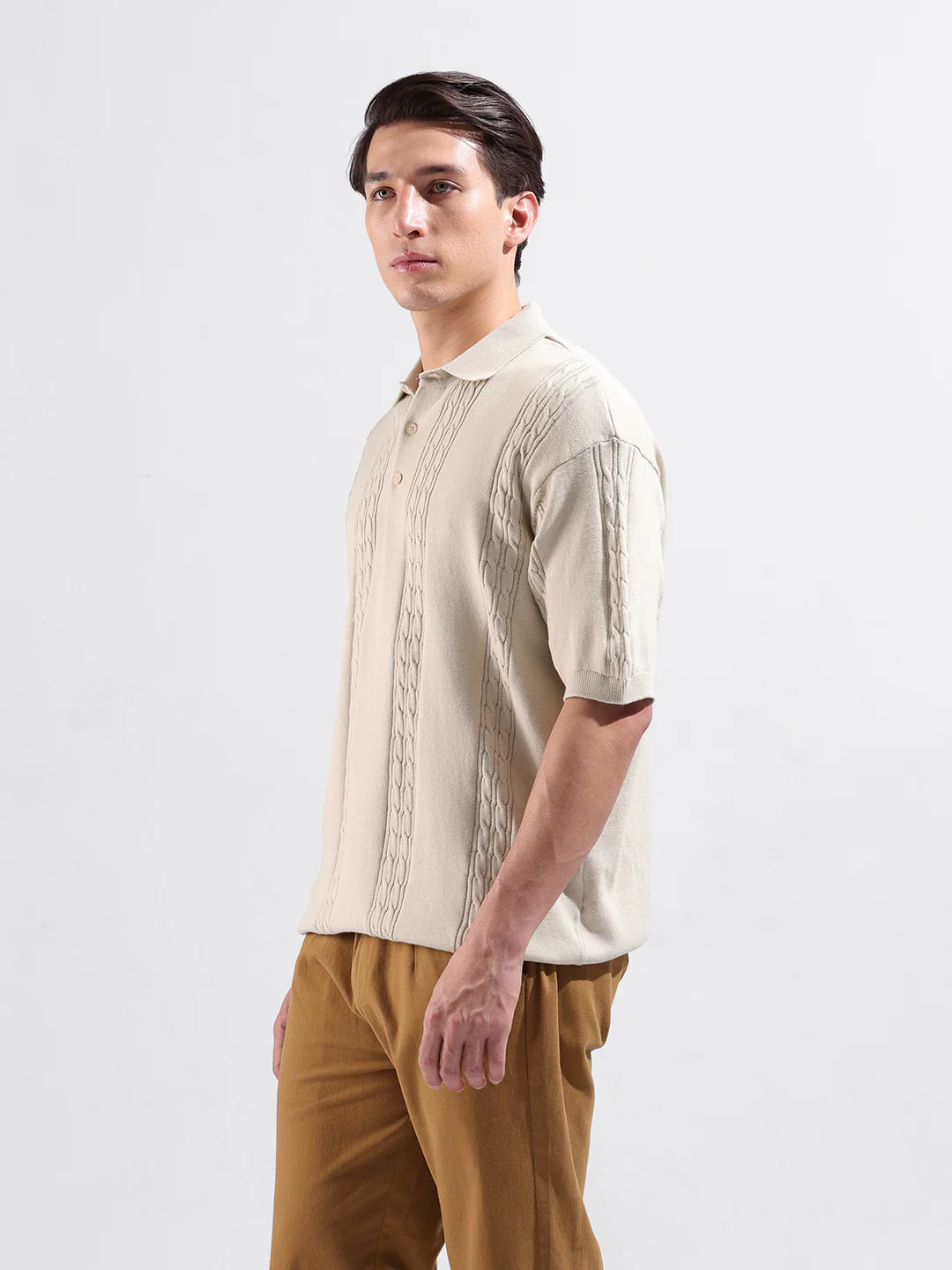Men's Cream Oversized Fit Solid Flat Knit Polo T-Shirt - Image 4