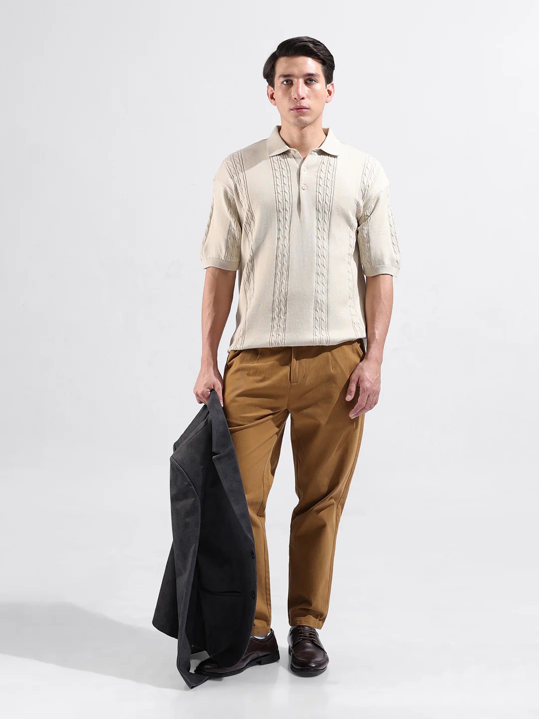 Men's Cream Oversized Fit Solid Flat Knit Polo T-Shirt - Image 5