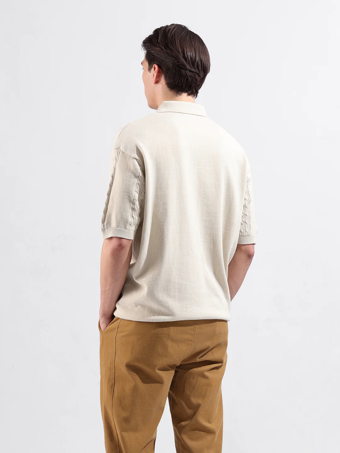 Men's Cream Oversized Fit Solid Flat Knit Polo T-Shirt - Image 6