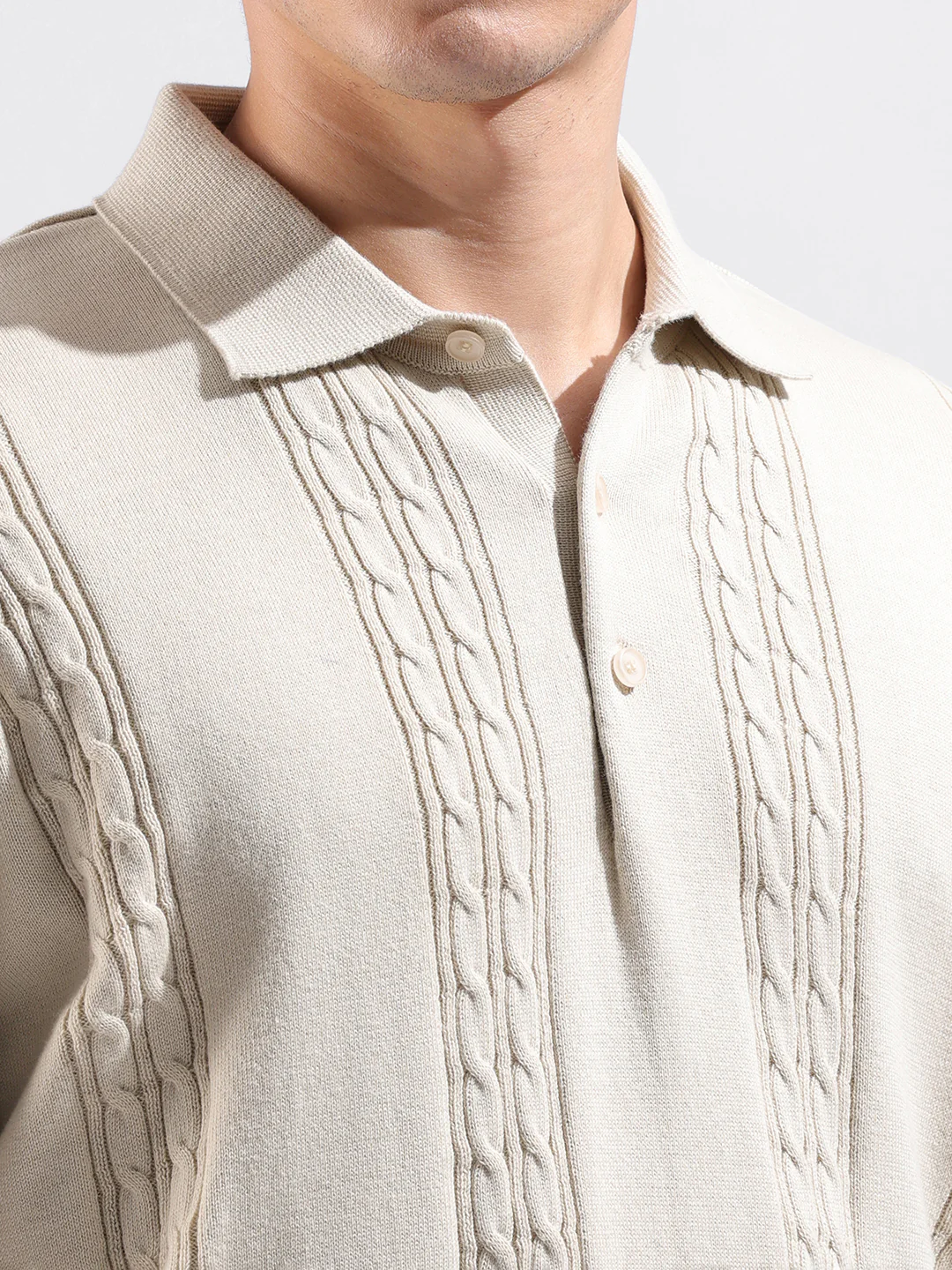 Men's Cream Oversized Fit Solid Flat Knit Polo T-Shirt - Image 7