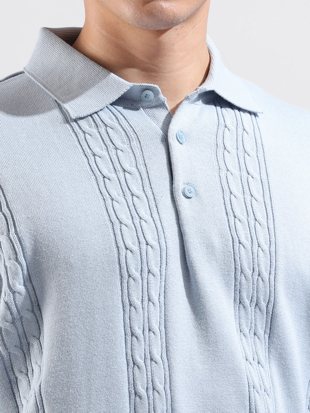 Men's Blue Oversized Fit Solid Flat Knit Polo T-Shirt - Image 3