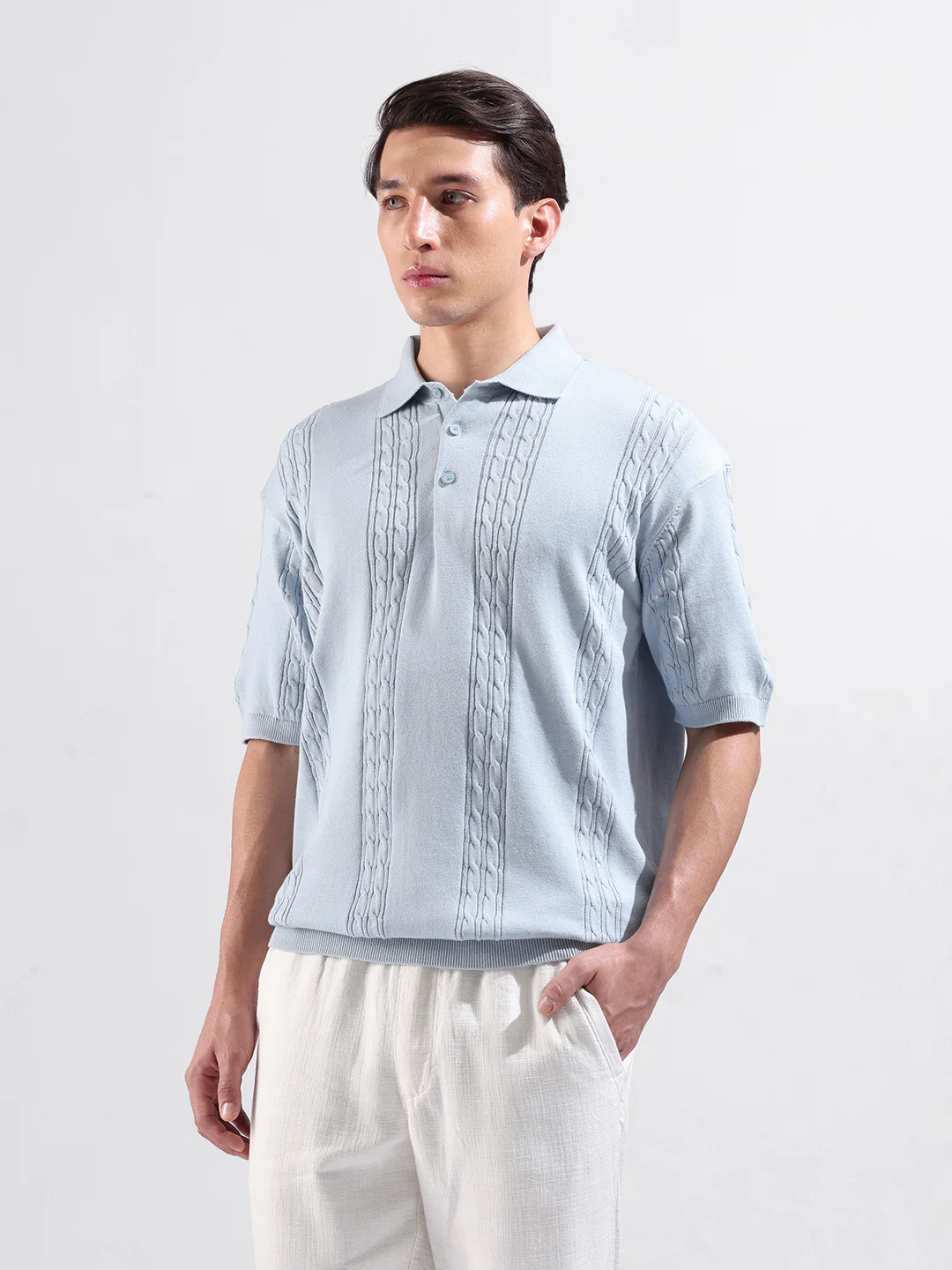 Men's Blue Oversized Fit Solid Flat Knit Polo T-Shirt - Image 4