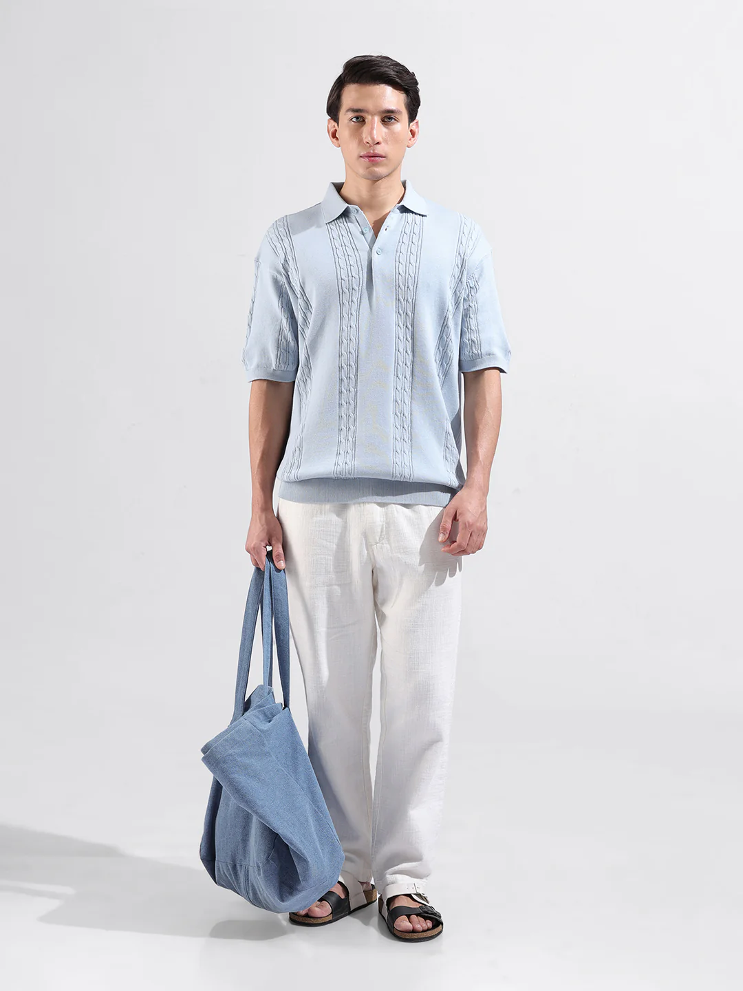 Men's Blue Oversized Fit Solid Flat Knit Polo T-Shirt - Image 5