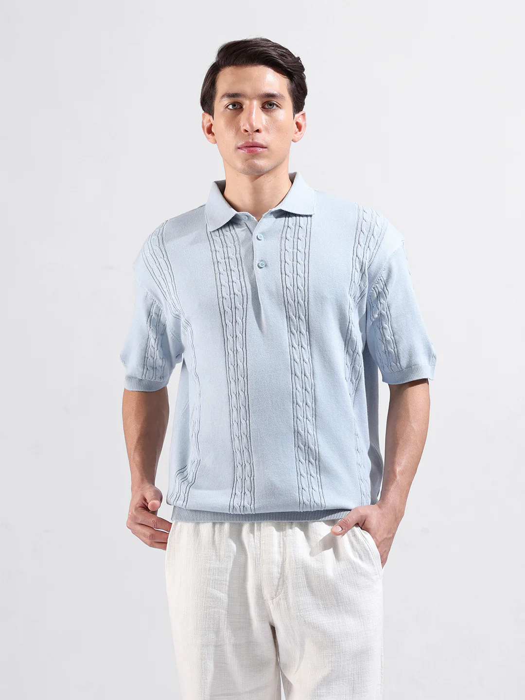 Men's Blue Oversized Fit Solid Flat Knit Polo T-Shirt - Image 7