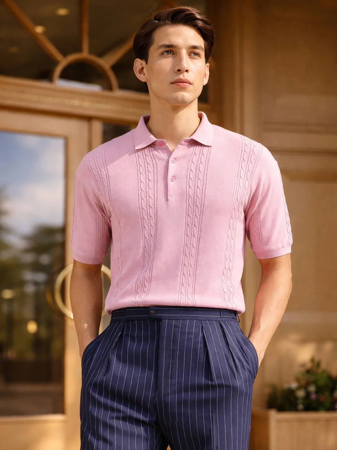 Men's Pink Oversized Fit Solid Flat Knit Polo T-Shirt