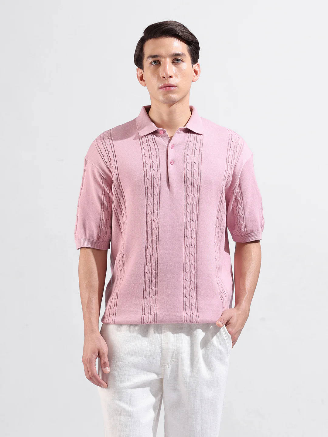 Men's Pink Oversized Fit Solid Flat Knit Polo T-Shirt - Image 2