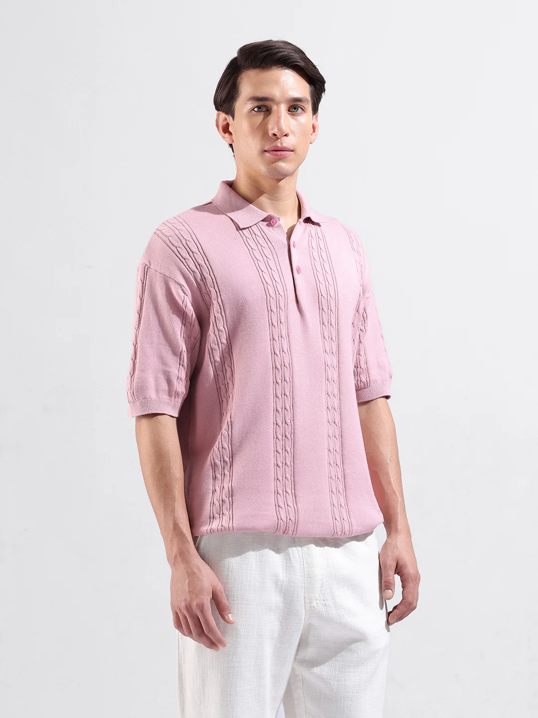 Men's Pink Oversized Fit Solid Flat Knit Polo T-Shirt - Image 3