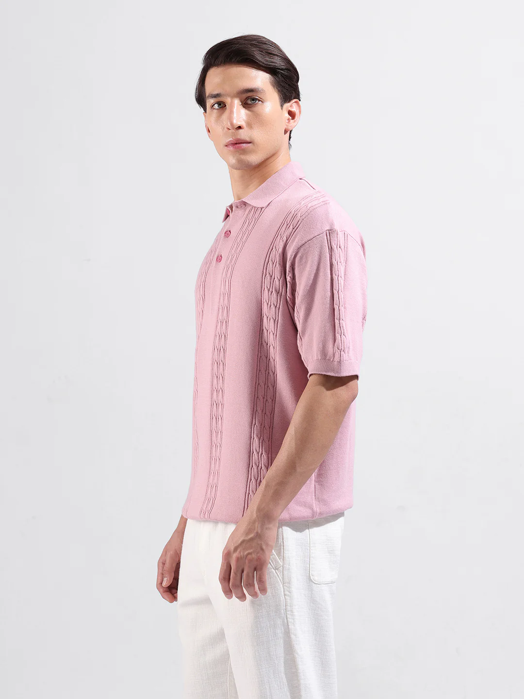 Men's Pink Oversized Fit Solid Flat Knit Polo T-Shirt - Image 4