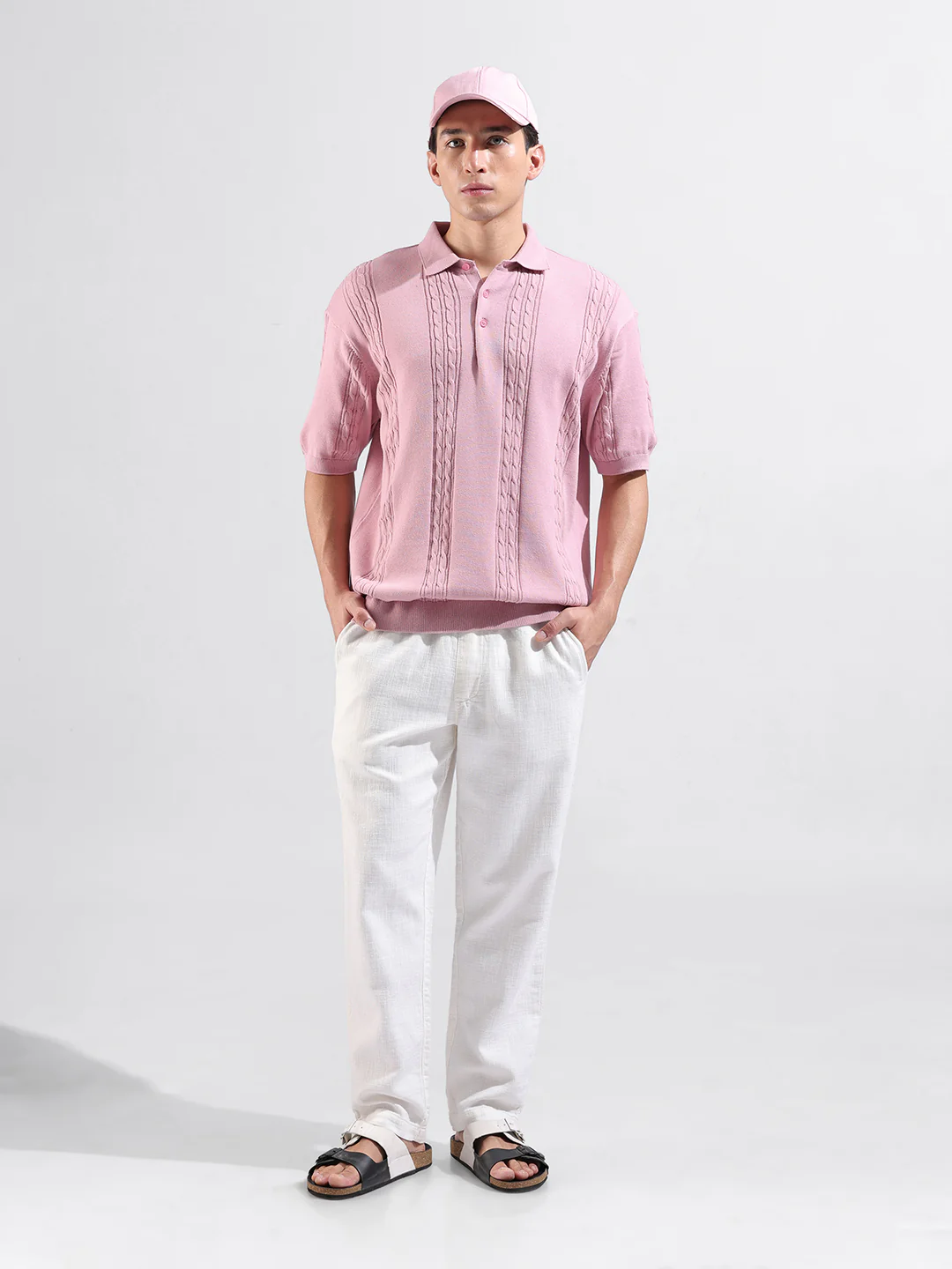 Men's Pink Oversized Fit Solid Flat Knit Polo T-Shirt - Image 5