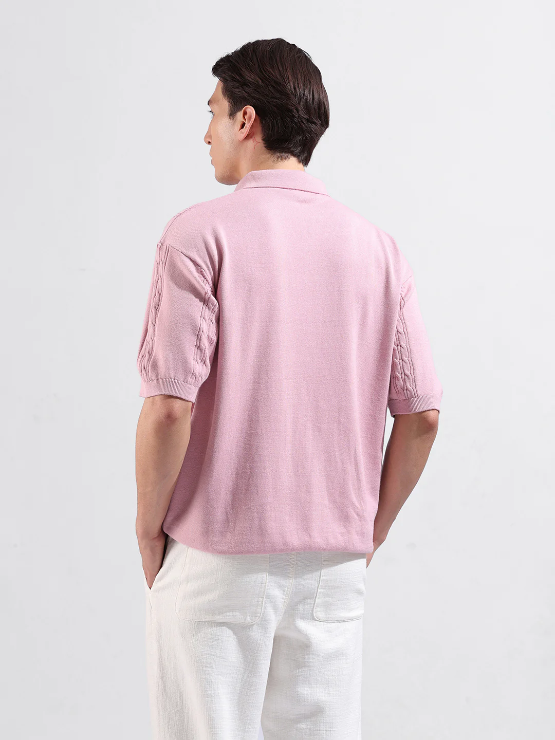 Men's Pink Oversized Fit Solid Flat Knit Polo T-Shirt - Image 6