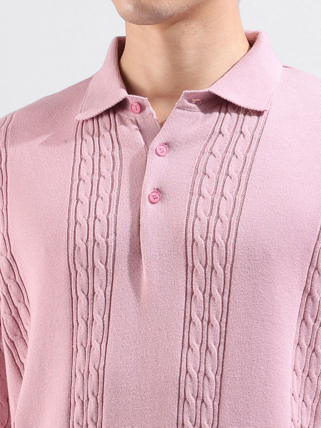 Men's Pink Oversized Fit Solid Flat Knit Polo T-Shirt - Image 7