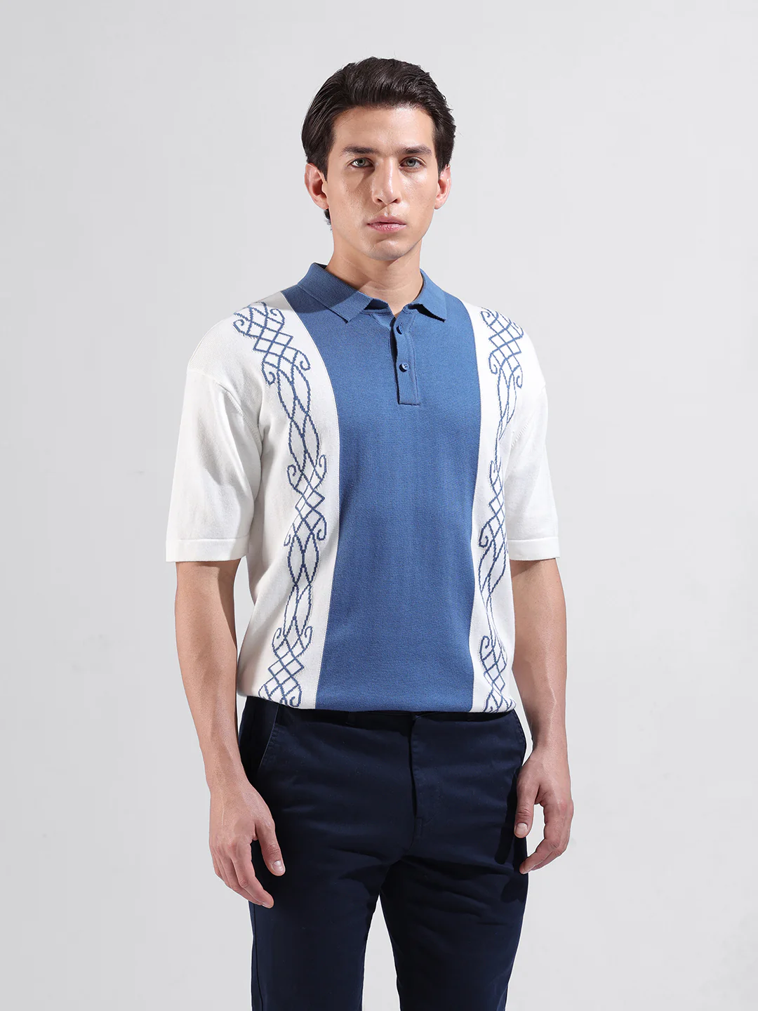 Men's White Oversized Fit Striped Flat Knit Polo T-Shirt - Image 3