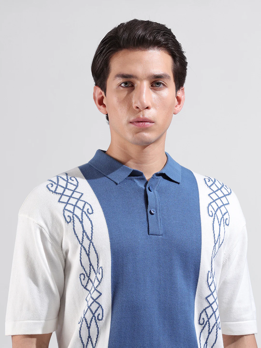 Men's White Oversized Fit Striped Flat Knit Polo T-Shirt - Image 4