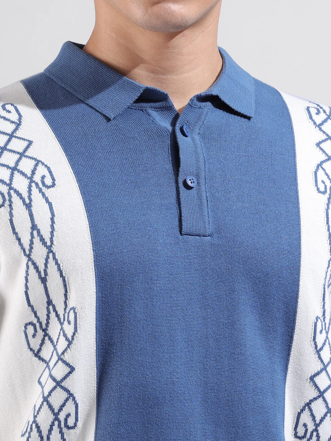 Men's White Oversized Fit Striped Flat Knit Polo T-Shirt - Image 5